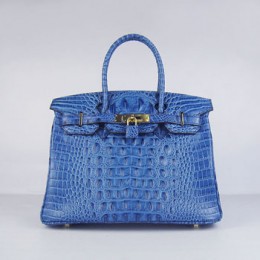 Hermes Birkin 30Cm Crocodile Head Stripe Handbags Dark Blue Gold